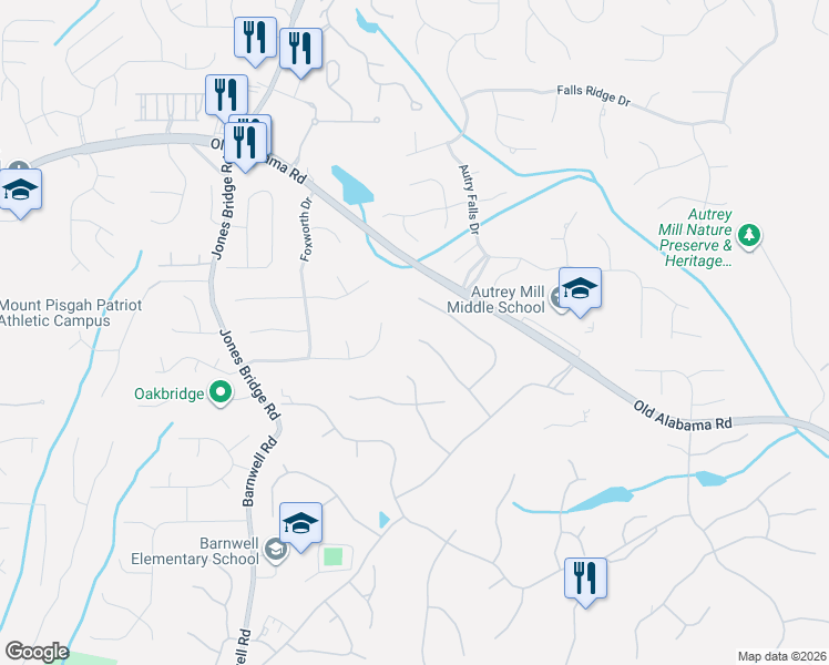map of restaurants, bars, coffee shops, grocery stores, and more near 3875 Redcoat Way in Alpharetta