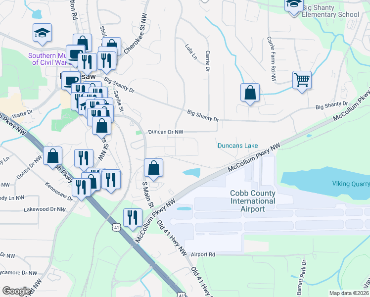 map of restaurants, bars, coffee shops, grocery stores, and more near 2652 South Main Street in Kennesaw