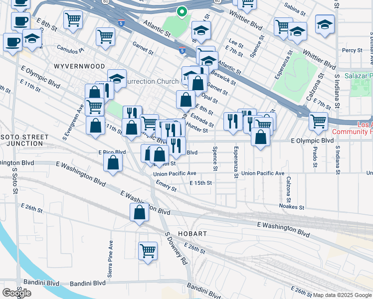 map of restaurants, bars, coffee shops, grocery stores, and more near 3364 East Olympic Boulevard in Los Angeles