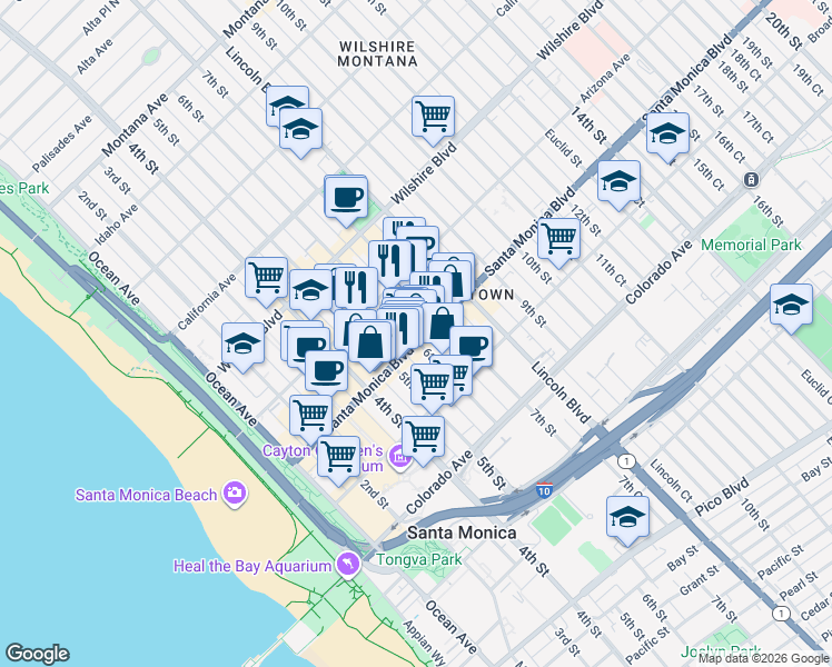 map of restaurants, bars, coffee shops, grocery stores, and more near 601 Santa Monica Boulevard in Santa Monica