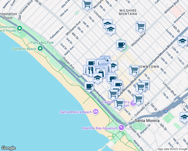 map of restaurants, bars, coffee shops, grocery stores, and more near 1137 2nd Street in Santa Monica