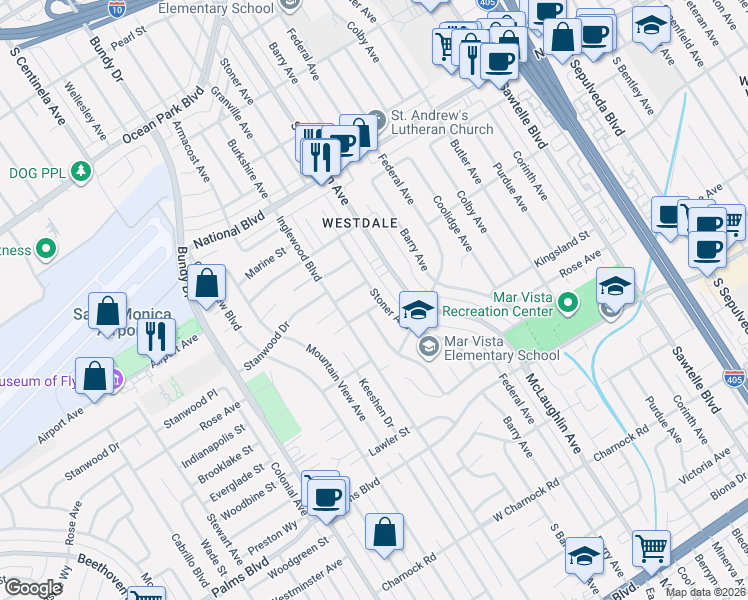 map of restaurants, bars, coffee shops, grocery stores, and more near 11800 Allaseba Drive in Los Angeles