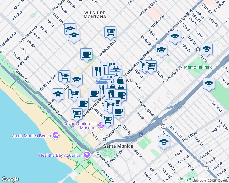 map of restaurants, bars, coffee shops, grocery stores, and more near 620 West Historic Route 66 in Santa Monica