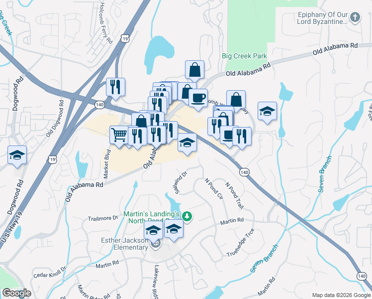 map of restaurants, bars, coffee shops, grocery stores, and more near 1475 Holcomb Bridge Road in Roswell