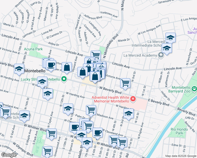 map of restaurants, bars, coffee shops, grocery stores, and more near 320 North Montebello Boulevard in Montebello