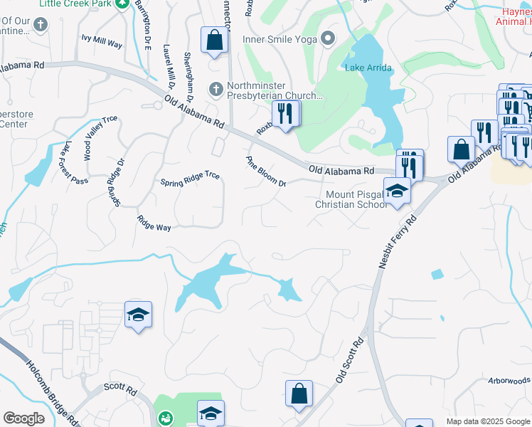 map of restaurants, bars, coffee shops, grocery stores, and more near 615 Wood Work Way in Roswell