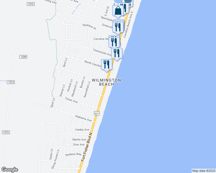 map of restaurants, bars, coffee shops, grocery stores, and more near 1403 Lake Park Boulevard South in Carolina Beach