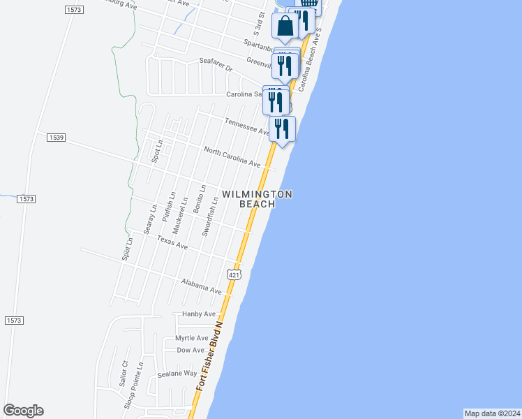 map of restaurants, bars, coffee shops, grocery stores, and more near 1403 Lake Park Boulevard South in Carolina Beach