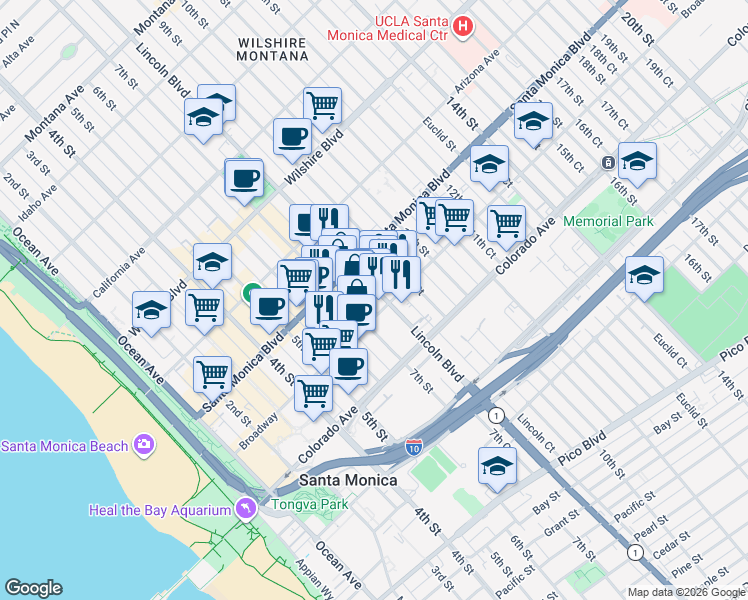 map of restaurants, bars, coffee shops, grocery stores, and more near 1432 Lincoln Boulevard in Santa Monica