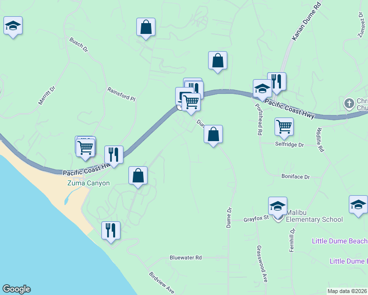 map of restaurants, bars, coffee shops, grocery stores, and more near 6539 Wandermere Road in Malibu