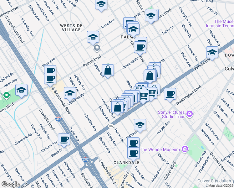 map of restaurants, bars, coffee shops, grocery stores, and more near 3671 Midvale Avenue in Los Angeles