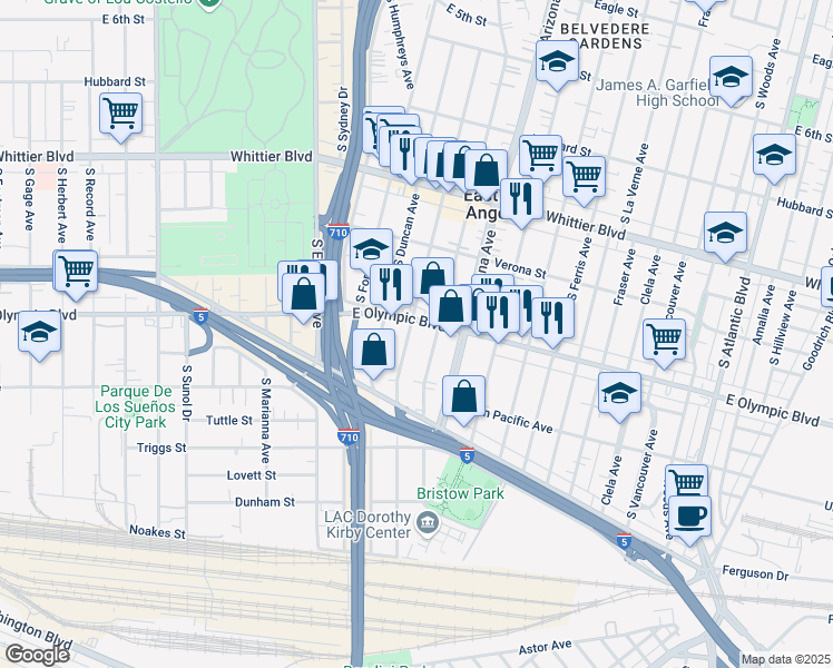 map of restaurants, bars, coffee shops, grocery stores, and more near 4640 East Olympic Boulevard in Los Angeles