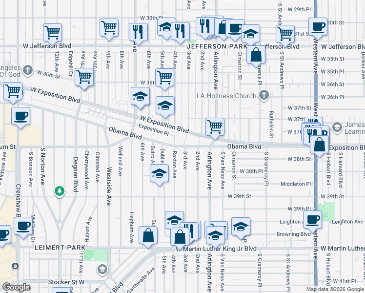 map of restaurants, bars, coffee shops, grocery stores, and more near Rodeo Road & 3rd Avenue in Los Angeles