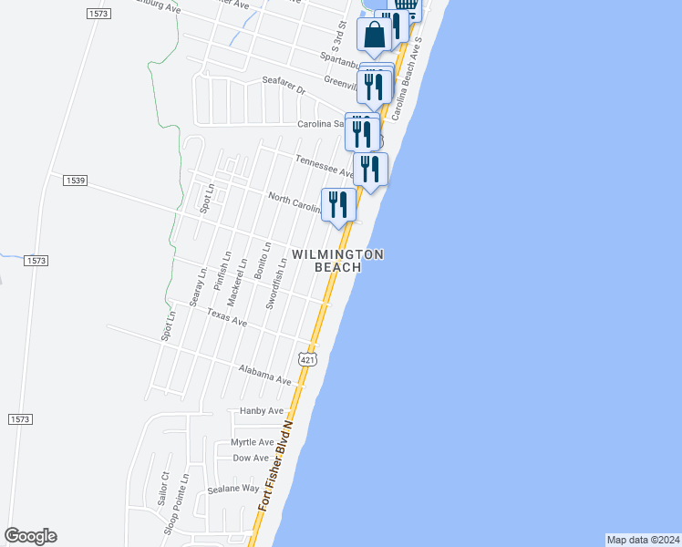 map of restaurants, bars, coffee shops, grocery stores, and more near 1403 South Lake Park Boulevard in Carolina Beach