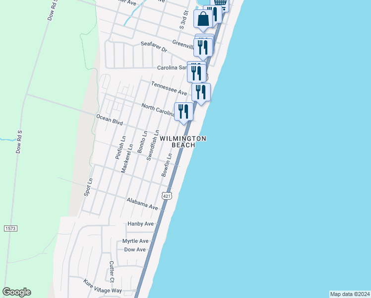 map of restaurants, bars, coffee shops, grocery stores, and more near 1403 South Lake Park Boulevard in Carolina Beach