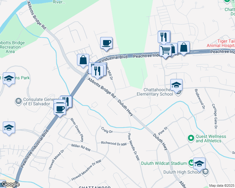 map of restaurants, bars, coffee shops, grocery stores, and more near 4113 River Mill Drive in Duluth