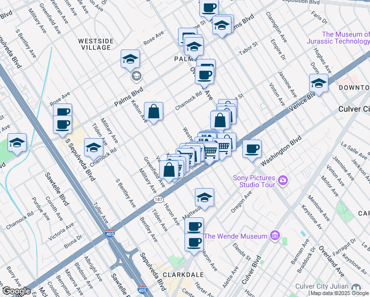 map of restaurants, bars, coffee shops, grocery stores, and more near 3720 Midvale Avenue in Los Angeles