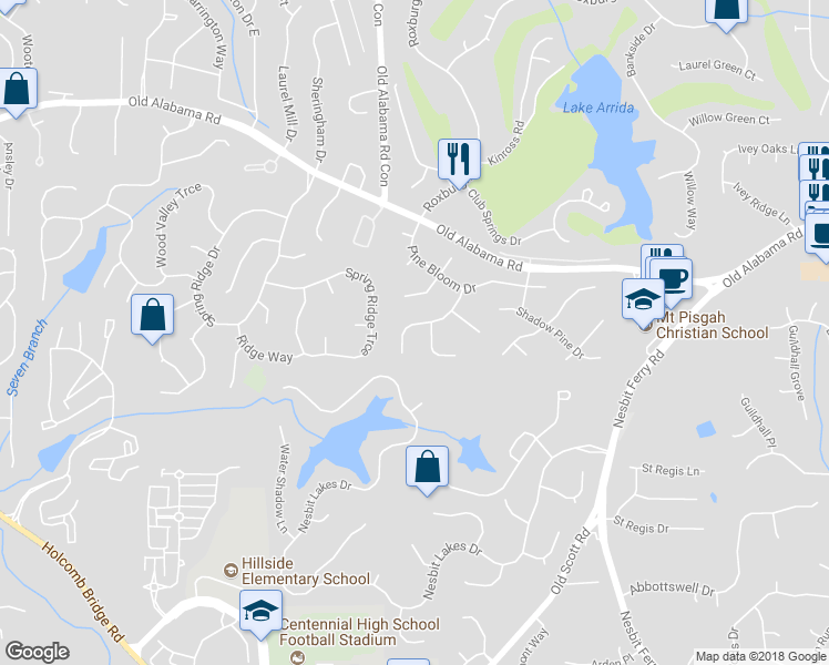 map of restaurants, bars, coffee shops, grocery stores, and more near 2055 Pearwood Path in Roswell