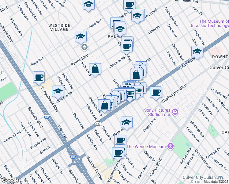 map of restaurants, bars, coffee shops, grocery stores, and more near 3721 Westwood Boulevard in Los Angeles