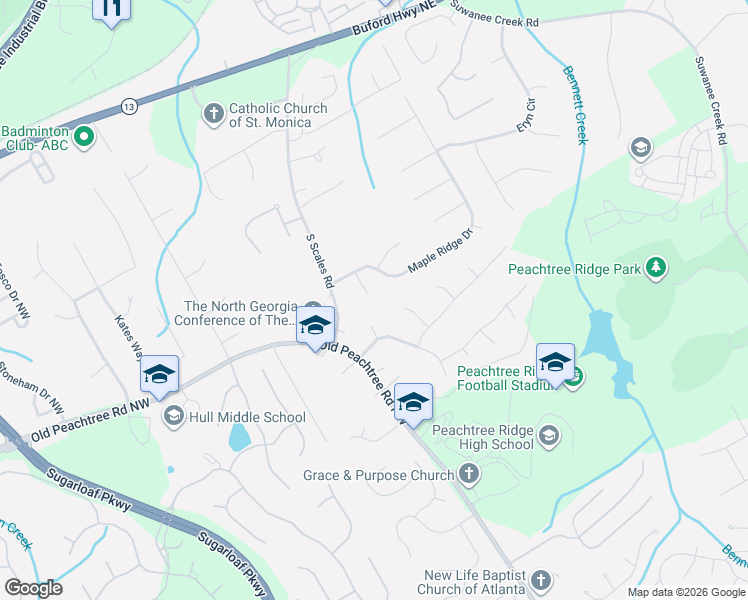 map of restaurants, bars, coffee shops, grocery stores, and more near 3305 Maple Ridge Court in Suwanee