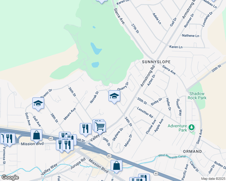 map of restaurants, bars, coffee shops, grocery stores, and more near 3325 Quarry Drive in Jurupa Valley
