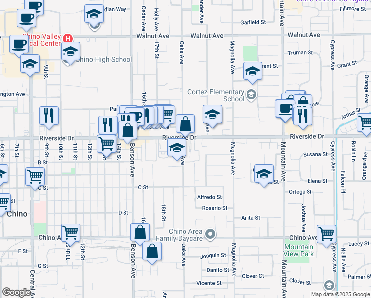 map of restaurants, bars, coffee shops, grocery stores, and more near 12936 Oaks Avenue in Chino