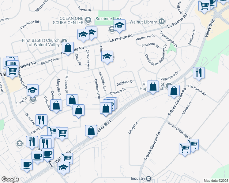 map of restaurants, bars, coffee shops, grocery stores, and more near 221 Aborla Lane in Walnut