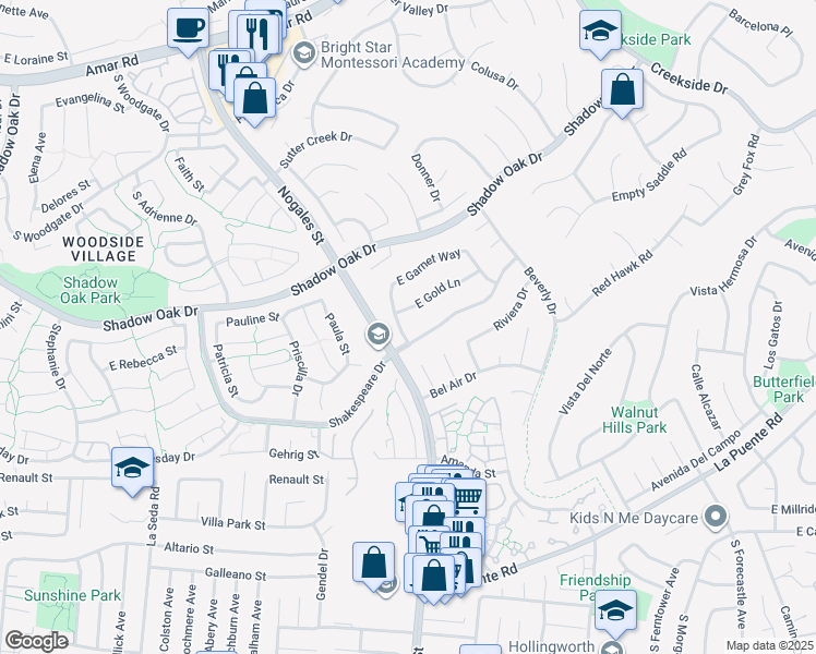 map of restaurants, bars, coffee shops, grocery stores, and more near 535 Amethyst Lane in Walnut