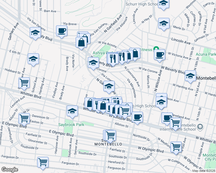 map of restaurants, bars, coffee shops, grocery stores, and more near 424 North Garfield Avenue in Montebello