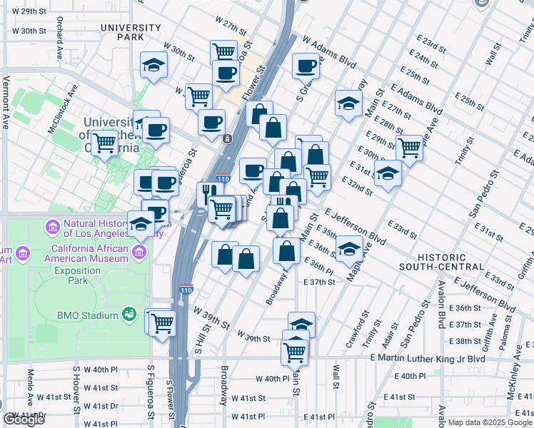 map of restaurants, bars, coffee shops, grocery stores, and more near 3434 South Grand Avenue in Los Angeles