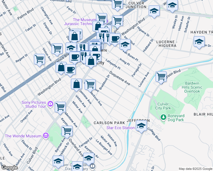 map of restaurants, bars, coffee shops, grocery stores, and more near in Culver City