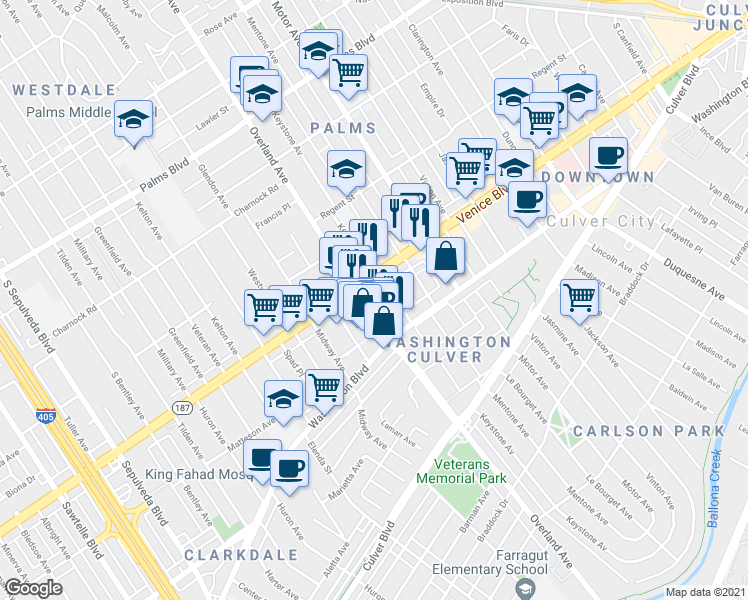 map of restaurants, bars, coffee shops, grocery stores, and more near 3835 1/4 Keystone Avenue in Culver City