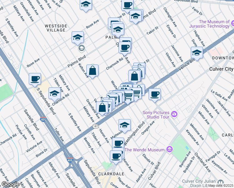 map of restaurants, bars, coffee shops, grocery stores, and more near 3721 Westwood Boulevard in Los Angeles