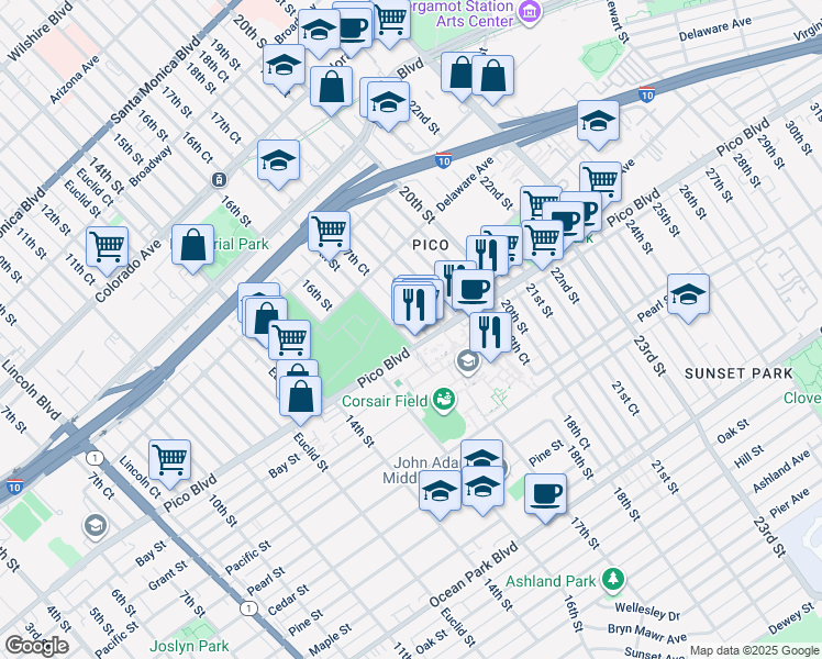 map of restaurants, bars, coffee shops, grocery stores, and more near 1963 17th Court in Santa Monica