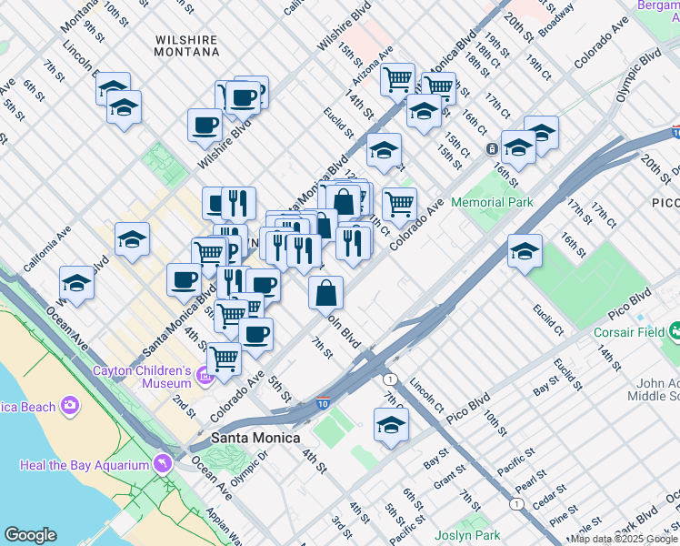 map of restaurants, bars, coffee shops, grocery stores, and more near 1519 9th Street in Santa Monica