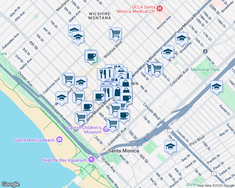 map of restaurants, bars, coffee shops, grocery stores, and more near 620 West Historic Route 66 in Santa Monica