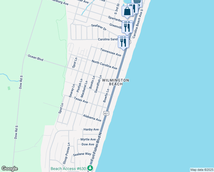 map of restaurants, bars, coffee shops, grocery stores, and more near 1405 Bowfin Lane in Carolina Beach