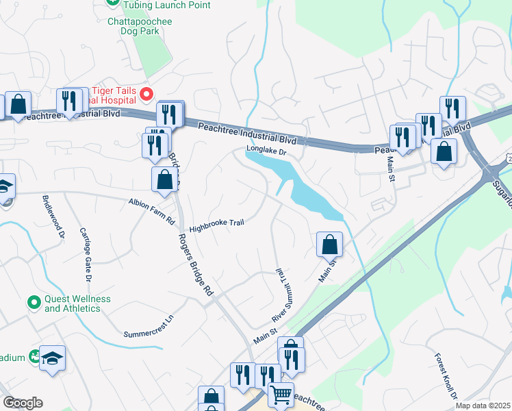 map of restaurants, bars, coffee shops, grocery stores, and more near 2525 Highbrooke Trail in Duluth