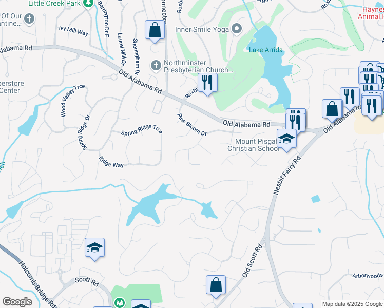 map of restaurants, bars, coffee shops, grocery stores, and more near 615 Wood Work Way in Roswell