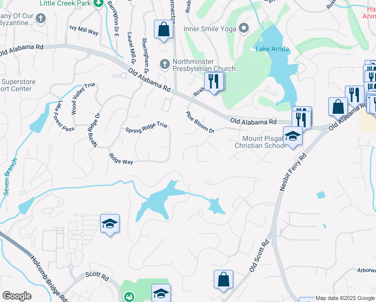 map of restaurants, bars, coffee shops, grocery stores, and more near 2055 Pearwood Path in Roswell