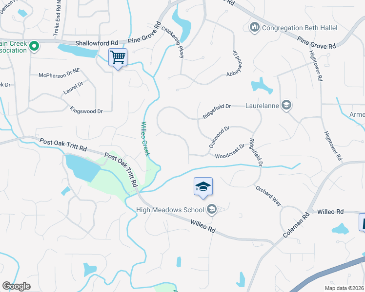 map of restaurants, bars, coffee shops, grocery stores, and more near 1720 Ridgefield Drive in Roswell