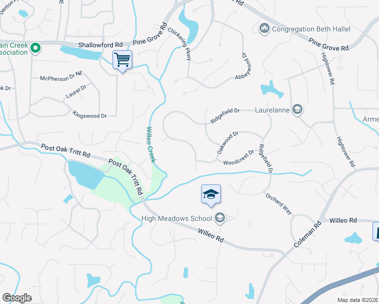 map of restaurants, bars, coffee shops, grocery stores, and more near 1720 Ridgefield Drive in Roswell