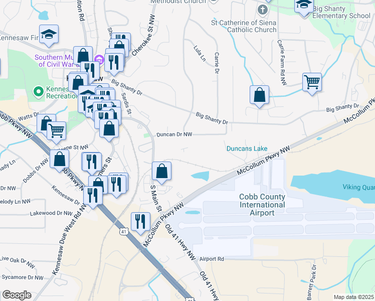 map of restaurants, bars, coffee shops, grocery stores, and more near 1837-1899 Duncan Drive Northwest in Kennesaw