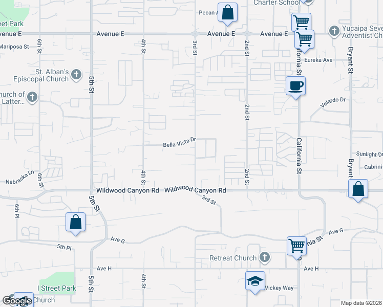 map of restaurants, bars, coffee shops, grocery stores, and more near 12964 3rd Street in Yucaipa