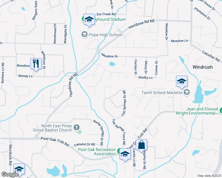 map of restaurants, bars, coffee shops, grocery stores, and more near 2704 Tritt Springs Trace Northeast in Marietta