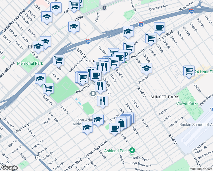 map of restaurants, bars, coffee shops, grocery stores, and more near 2202 20th Street in Santa Monica