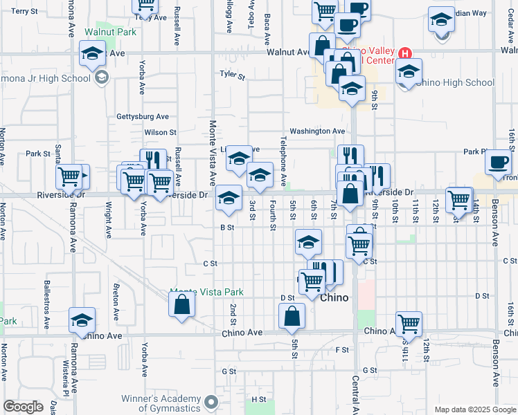 map of restaurants, bars, coffee shops, grocery stores, and more near 12939 3rd Street in Chino