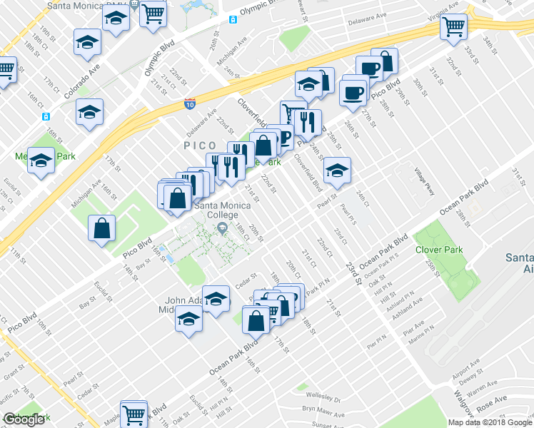 map of restaurants, bars, coffee shops, grocery stores, and more near 2237 21st St in Santa Monica