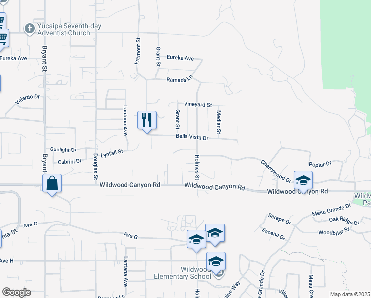 map of restaurants, bars, coffee shops, grocery stores, and more near Brookwood Court in Yucaipa