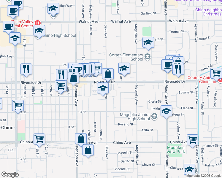 map of restaurants, bars, coffee shops, grocery stores, and more near 5951 Riverside Drive in Chino